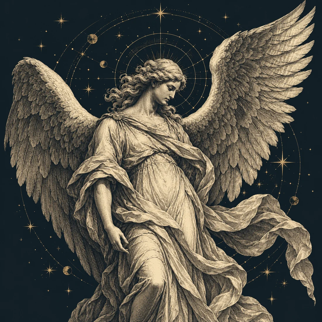 An original engraving-style illustration of a winged angel against a celestial circle